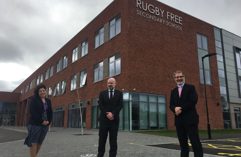Rugby MP Mark Pawsey (right) at Rugby Free Secondary School with Headteacher Samirah Roberts (left) and Tom Legge, a Trustee of the school (left)