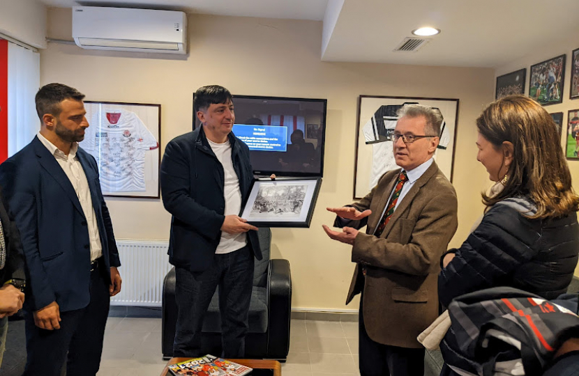 Mark presented a framed picture of rugby football, from Rugby’s Webb Ellis Museum, to Chairman of the Georgian Rugby Board Davit Kacharava (L-R: Ioseb Tkemaladze, President of Georgia Rugby Union; Davit Kacharava; Rugby MP Mark Pawsey & Her Excellency Sofia 