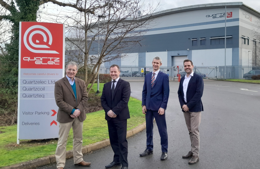 L-R: Rugby MP Mark Pawsey, Keith Evans, Quartzelec’s Operations Director; Stephen Densley, Quartzelec’s  International Business Development & LTSA Leader and Matt Brown, Quartzelec’s Business Manager, at their Rugby HQ