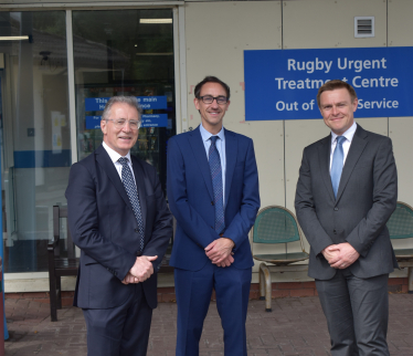 Mark Pawsey MP, Cllr Yousef Dahmash & Will Quince MP outside Urgent Treatment Centre at St Cross