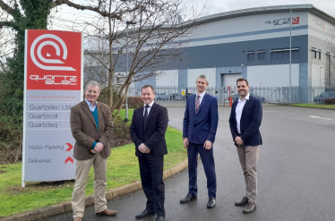 L-R: Rugby MP Mark Pawsey, Keith Evans, Quartzelec’s Operations Director; Stephen Densley, Quartzelec’s  International Business Development & LTSA Leader and Matt Brown, Quartzelec’s Business Manager, at their Rugby HQ